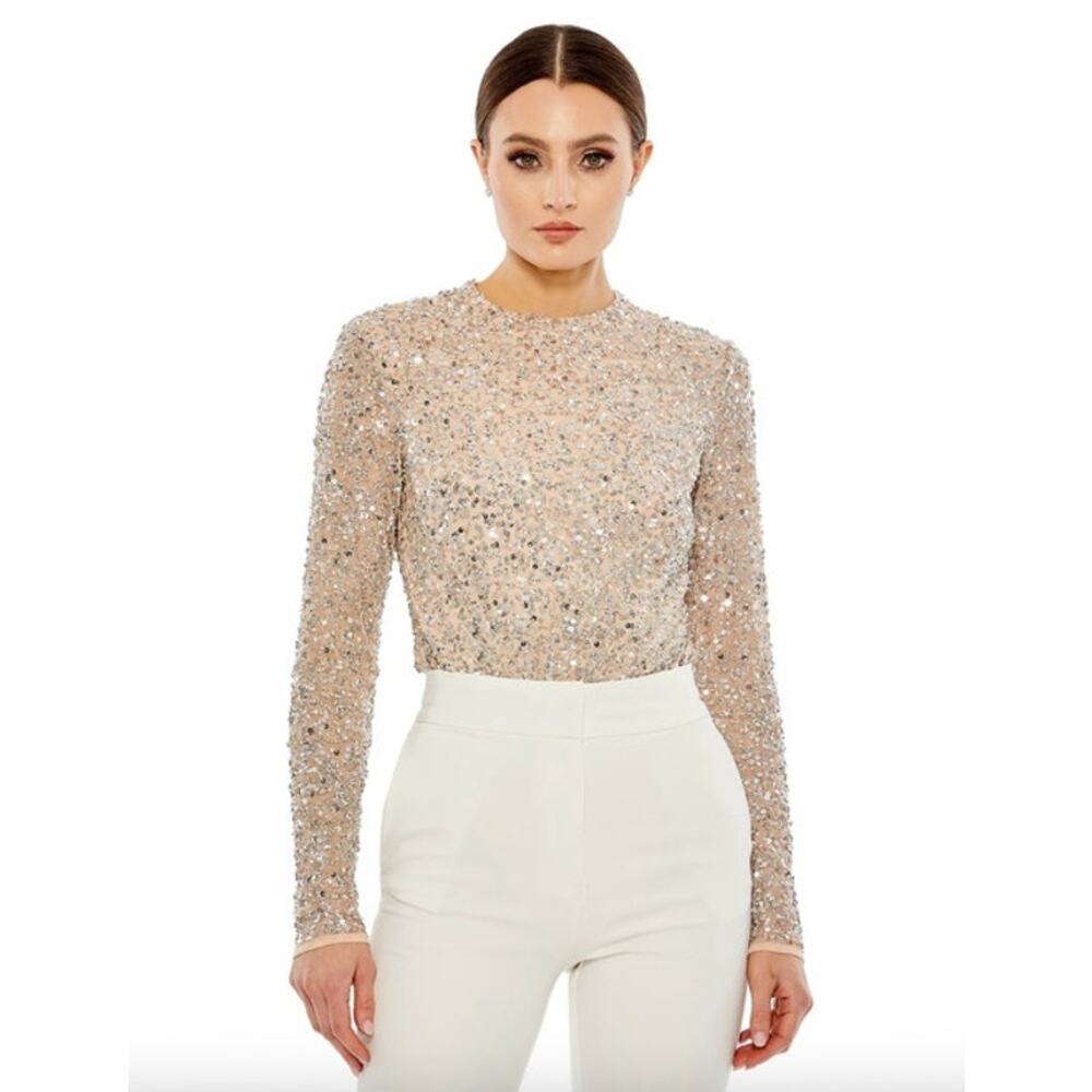 MAC DUGGAL Bodysuit Size S NEW Cream Full Silver Sequin Top Snap Bottom